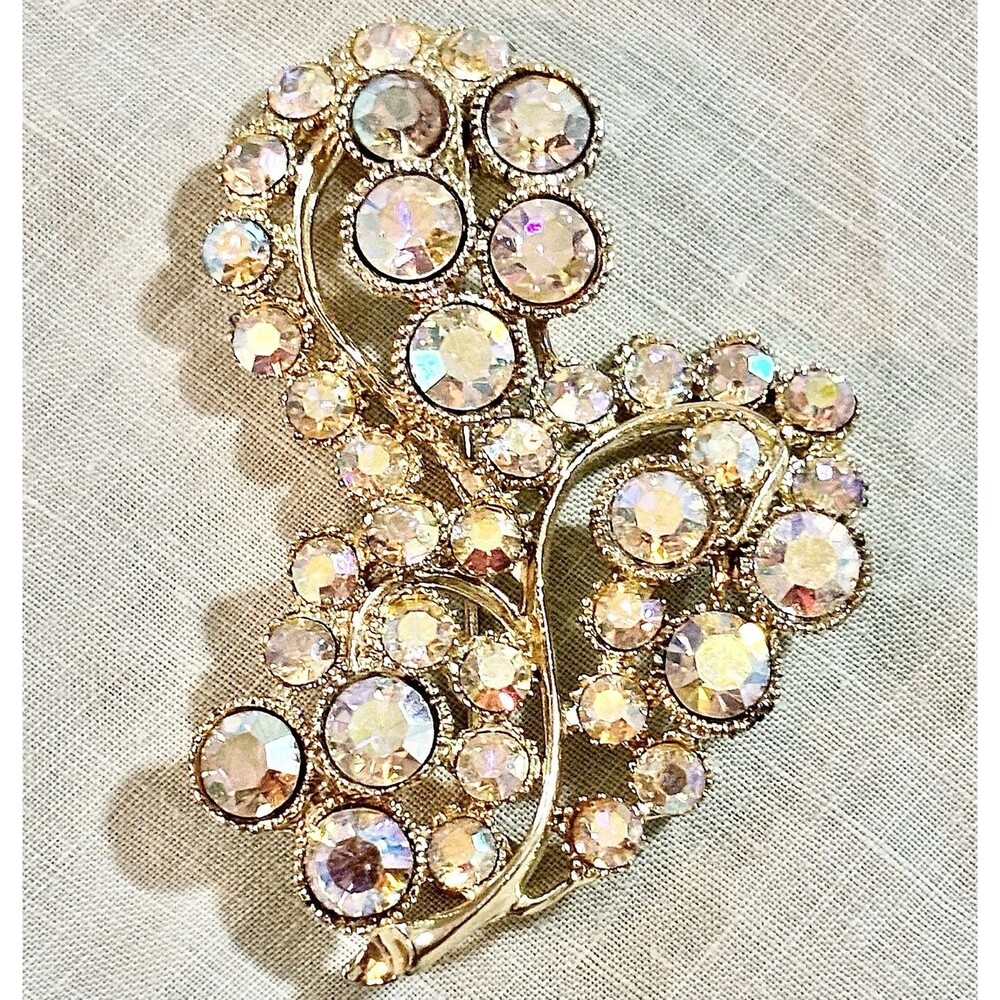 Vintage Signed BSK Aurora Borealis Rhinestone Brooch Gold Statement Pin 1950s